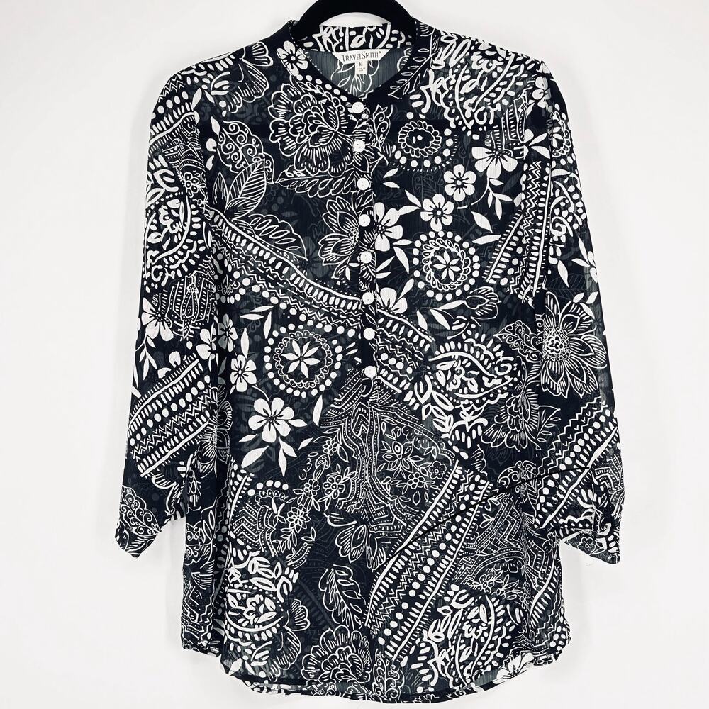 TravelSmith‎ Boho Floral Black White Button Front Sheer Blouse Medium